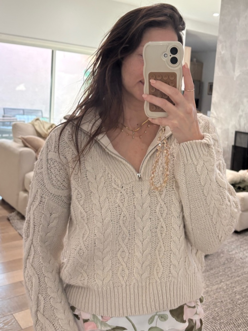 Cable Zip Mock Neck Sweater Cream
